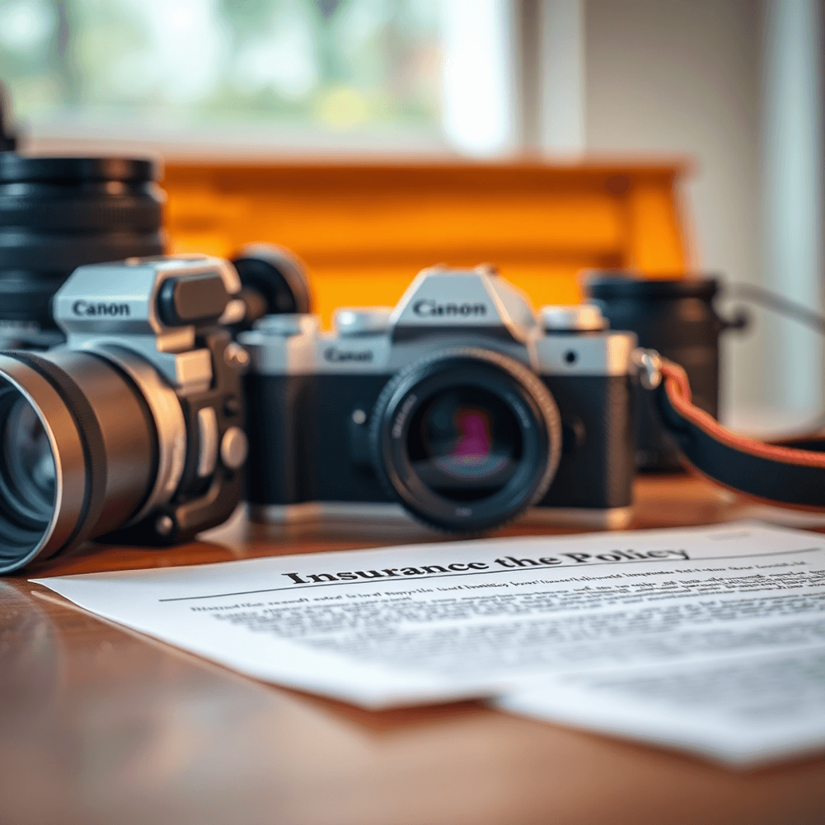 Ultimate Guide to Insuring Photographic Equipment (2025) Close-up of a camera and photography equipment on a wooden table, with an insurance policy document partially visible, illuminated by warm, inviting light.