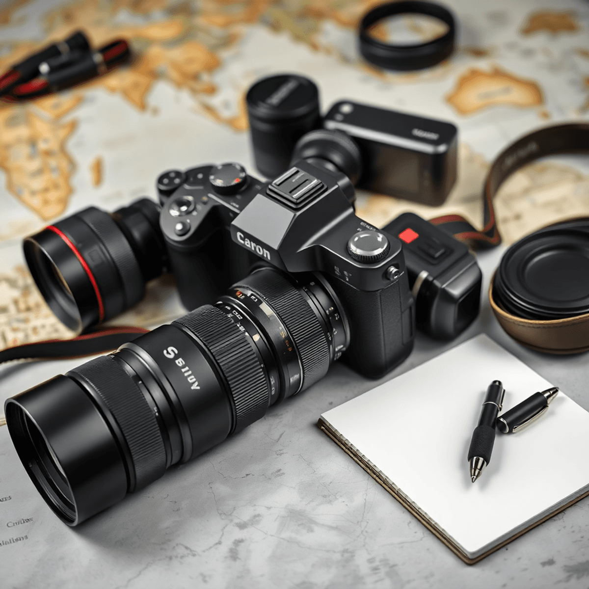 Ultimate Guide to Insuring Photographic Equipment (2025) A professional camera and photography equipment on a table with a notepad and pen, set against a background of maps and travel items.