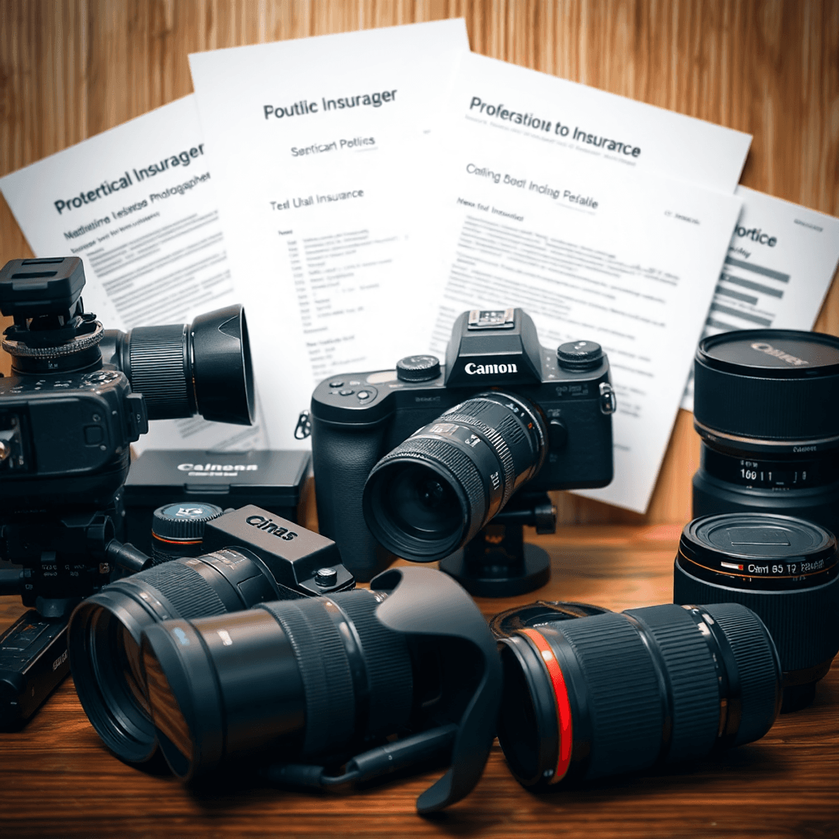 Ultimate Guide to Insuring Photographic Equipment (2025) A professional photographer's workspace showcasing high-end camera gear and accessories, with insurance documents subtly layered in the background, conveying security and professionalism.