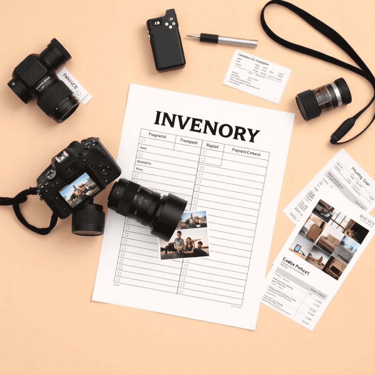 Ultimate Guide to Insuring Photographic Equipment (2025) Flat lay of an organized inventory list, a camera, various equipment pieces, and scattered receipts on a neutral background with warm lighting.