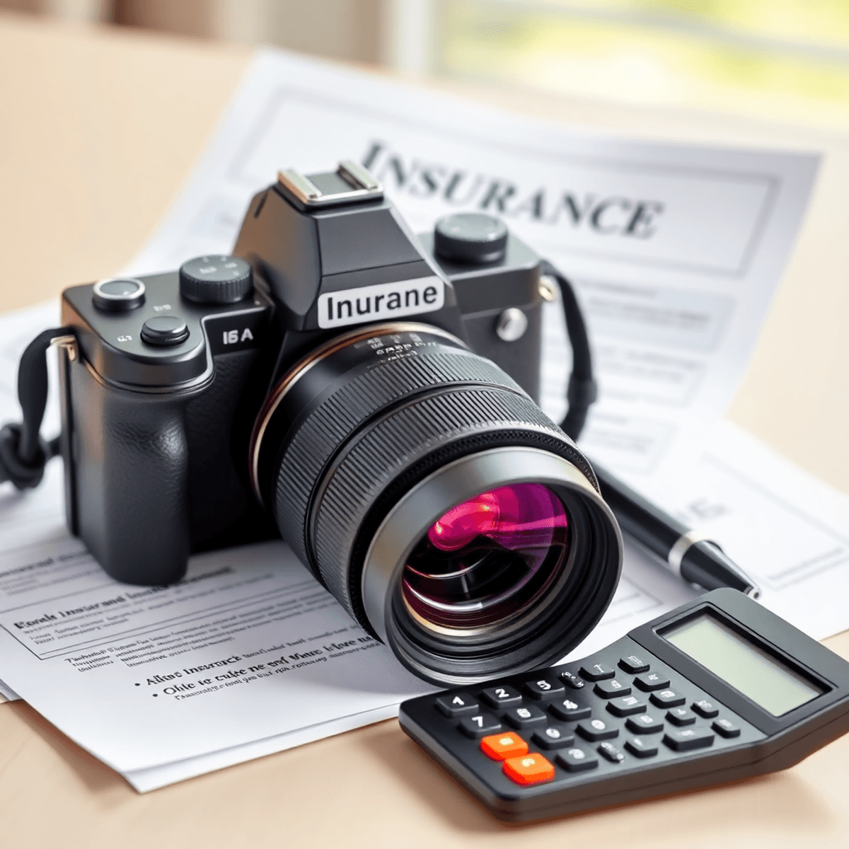 Ultimate Guide to Insuring Photographic Equipment (2025) A professional camera with insurance documents and a calculator on a bright background, symbolizing the importance of comparing insurance options for photography equipment.