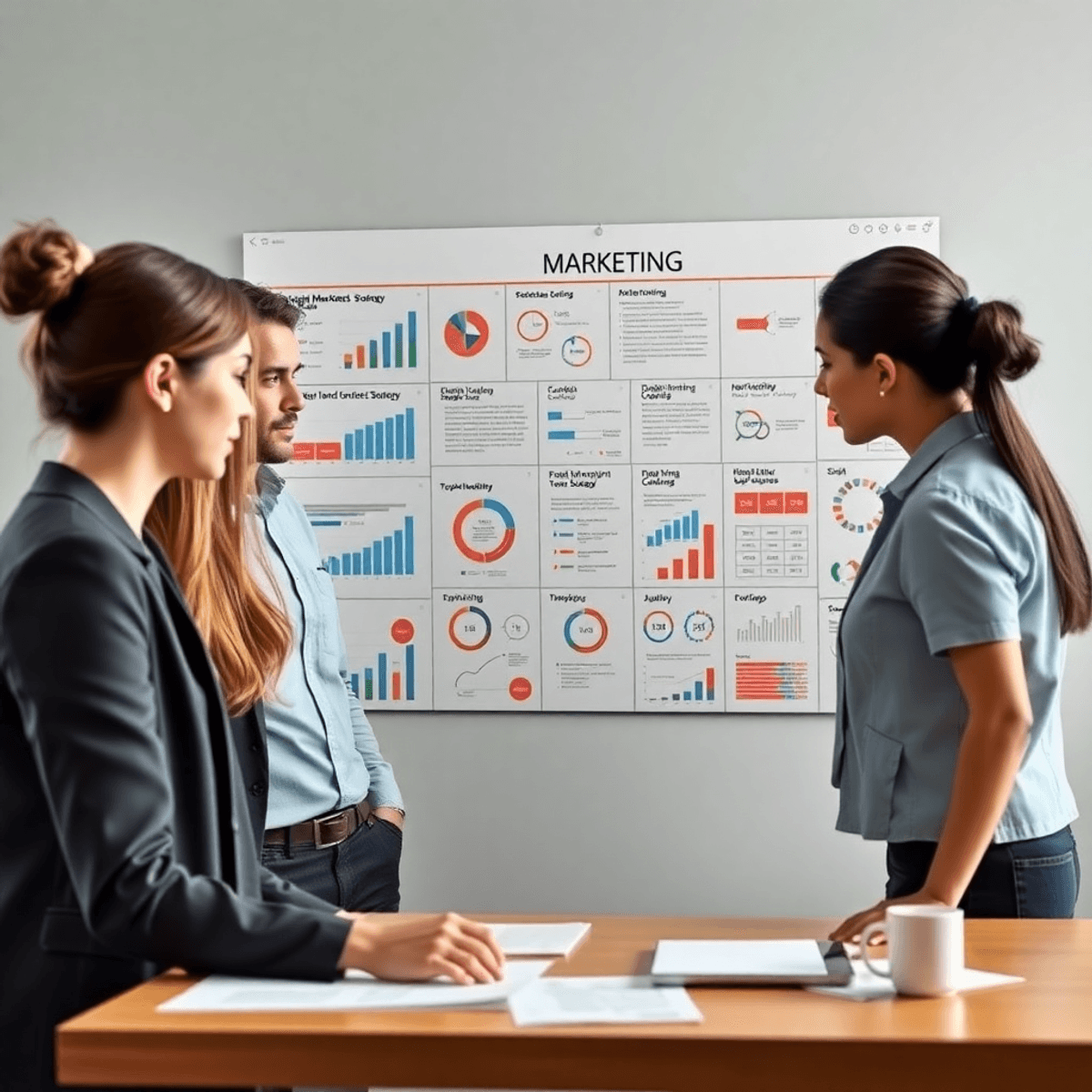 A diverse group of professionals gathered around a digital marketing strategy board, discussing charts and graphs to enhance online visibility and content strategy.