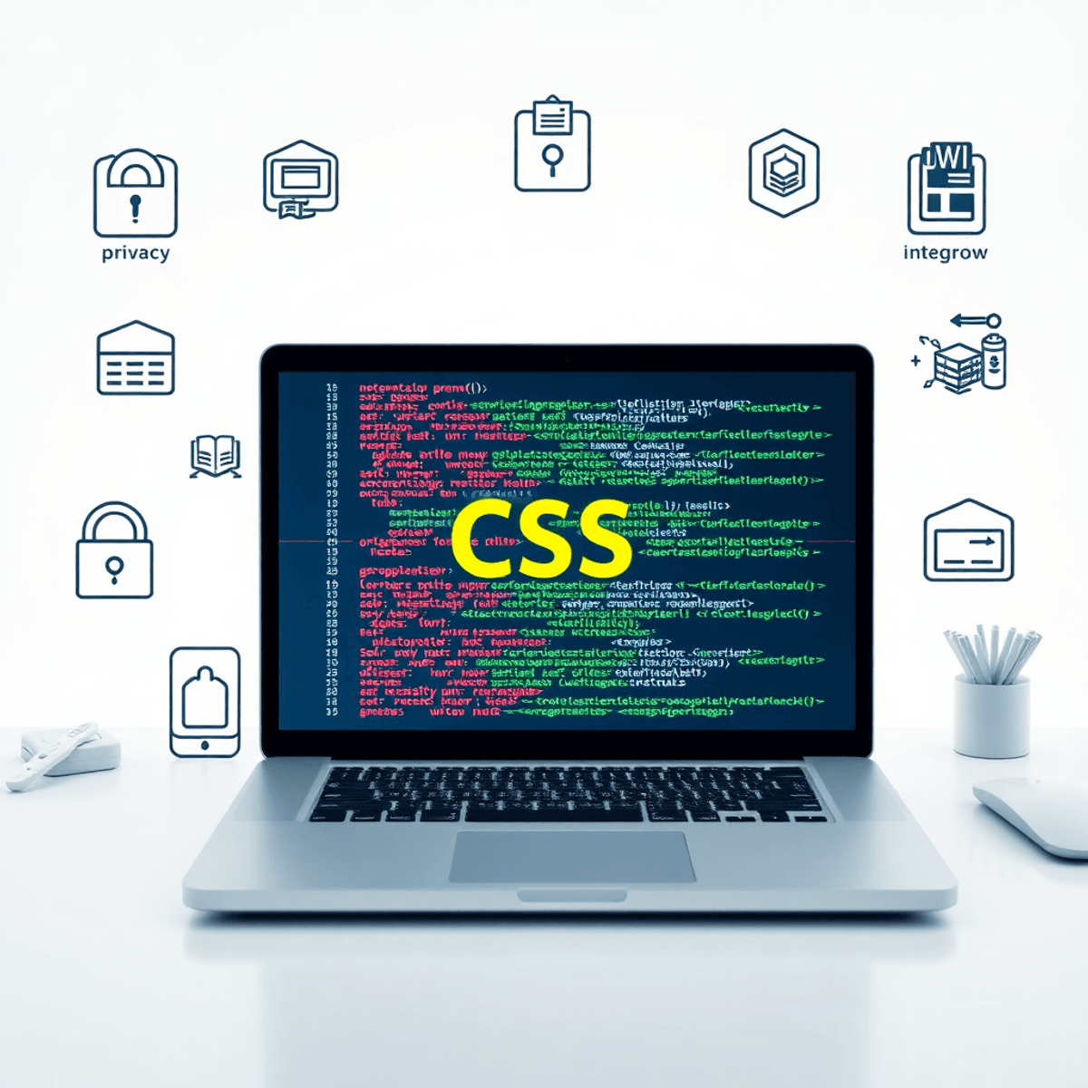 A modern workspace with a laptop showing colorful CSS code and abstract icons for privacy, workflow, and coding tools on a bright, clean background.
