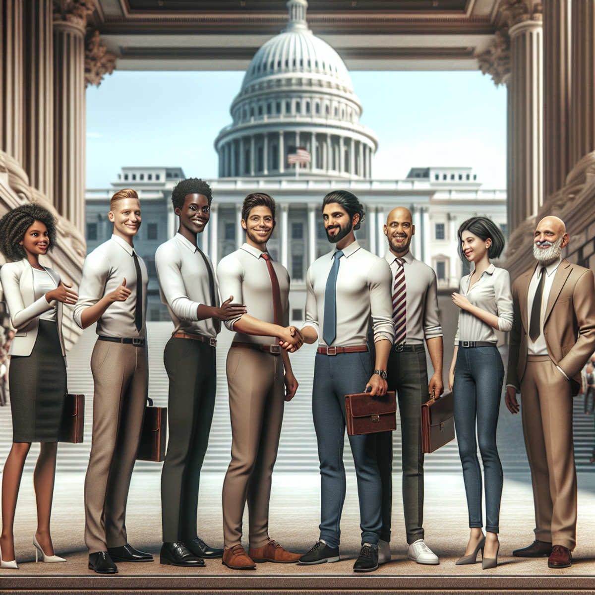 A diverse group of entrepreneurs from various backgrounds shake hands in front of a grand government building.