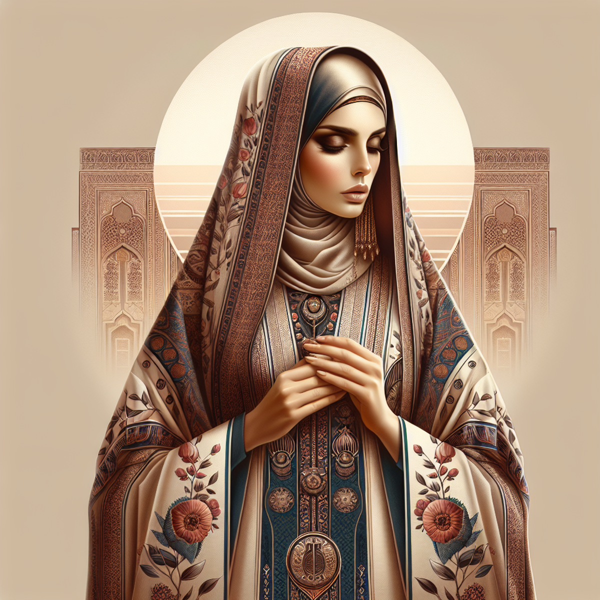 A Middle-Eastern woman wearing an elegantly designed Abaya with intricate patterns and details, standing in a serene and peaceful environment.