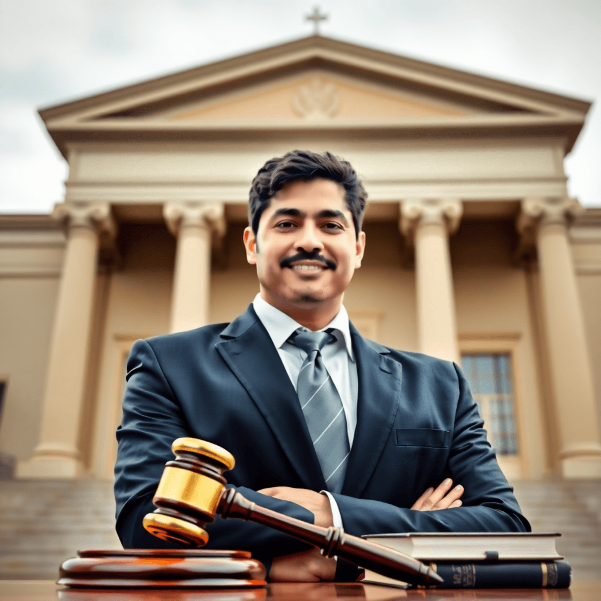 A confident lawyer in a suit stands in front of a courthouse, with a gavel and legal books in the foreground, symbolizing justice and support for personal injury victims.