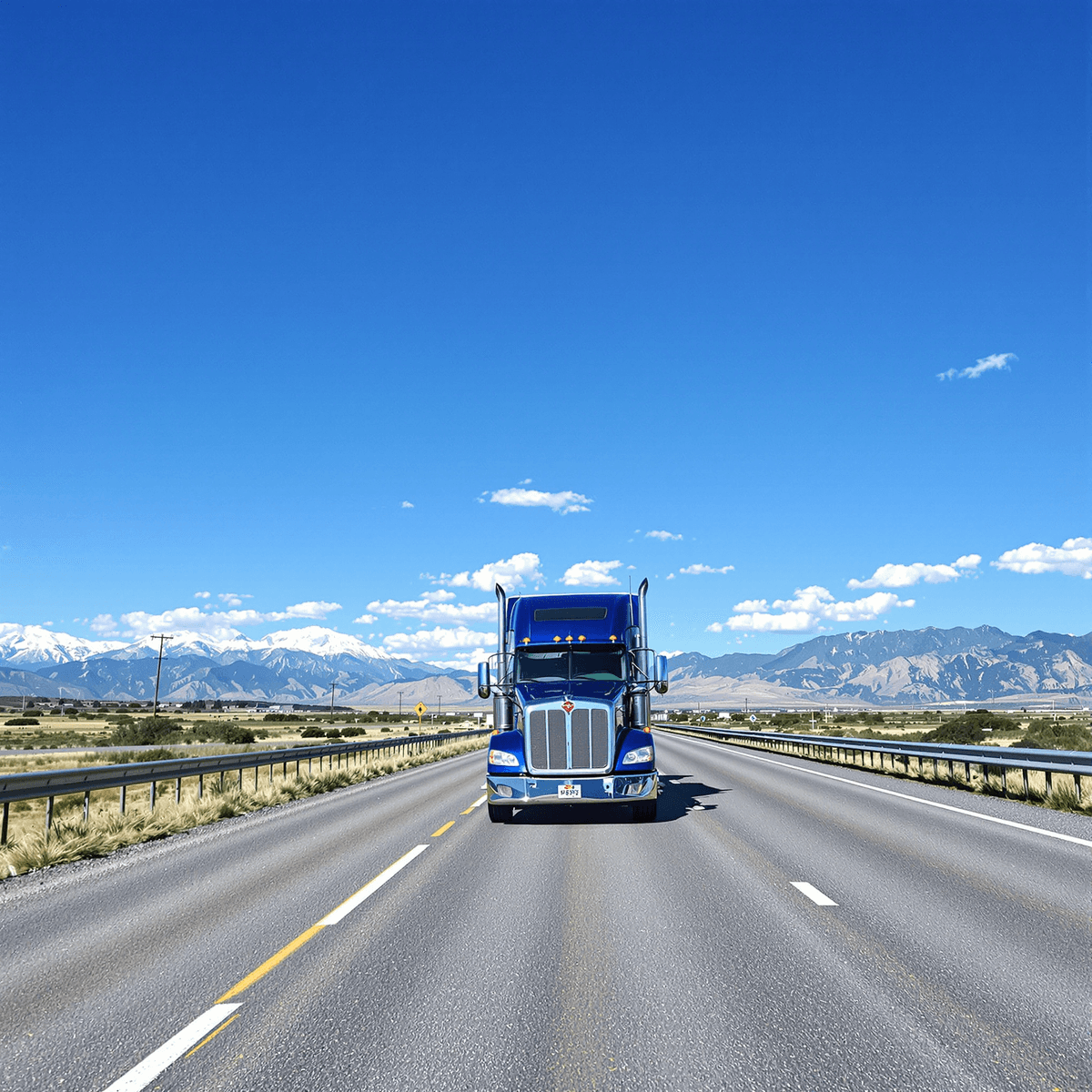 A commercial truck in motion on a highway under a clear blue sky, with distant mountains and subtle traffic signs emphasizing safety and regulation in the trucking industry.