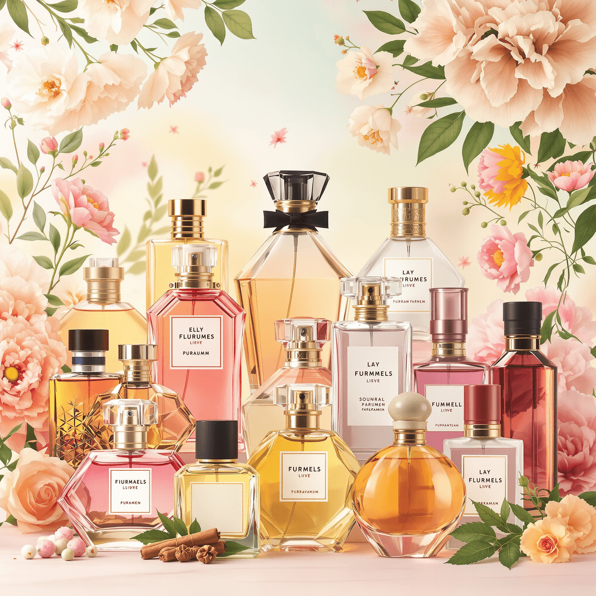 A collection of elegantly arranged perfume bottles in various shapes and colors, set against a soft floral background with hints of herbs and spices.