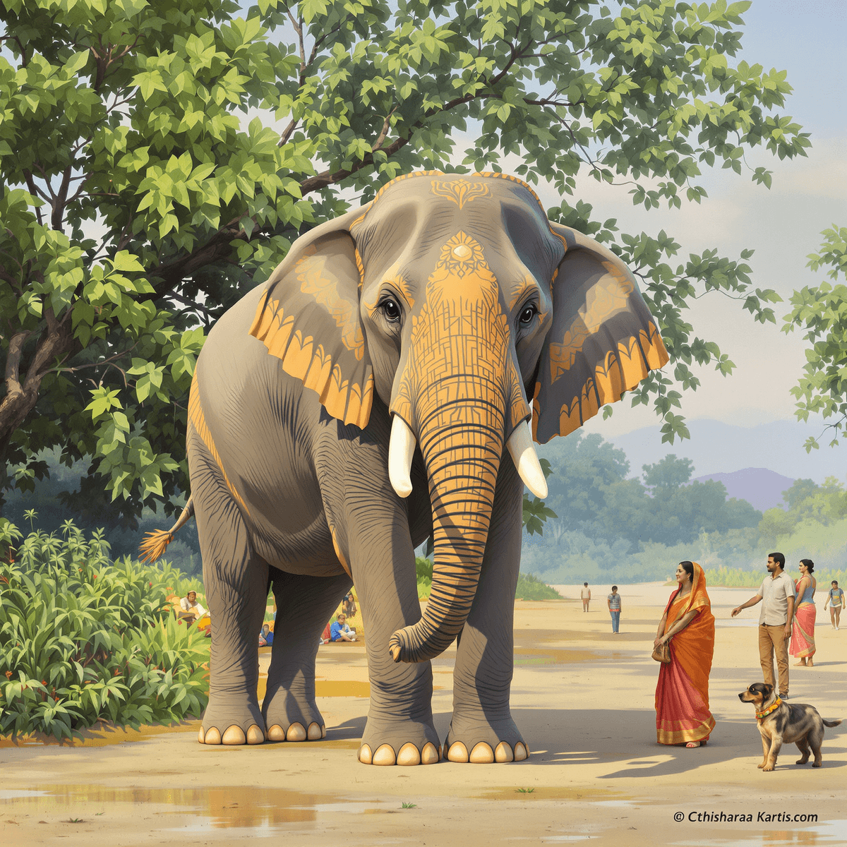 एक भव्य मादा हाथी एक खुले प्राकृतिक वातावरण में, पृष्ठभूमि में सूक्ष्म भारतीय सांस्कृतिक तत्वों के साथ, स्वतंत्रता और देखभाल का प्रतीक है।