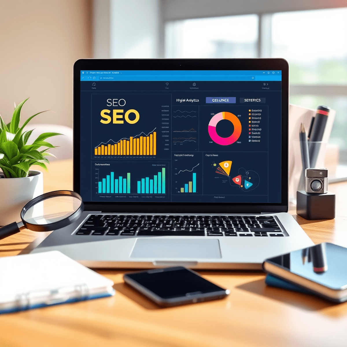 A laptop shows colorful graphs and analytics, surrounded by a magnifying glass, notepad, and smartphone, set against a bright, inviting background.