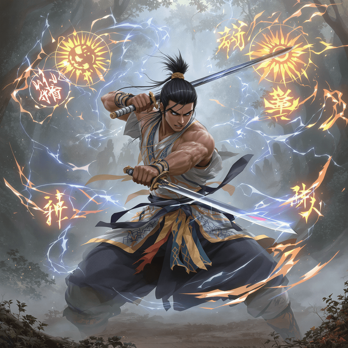 Young male warrior training with Japanese swords in a misty forest, surrounded by glowing symbols and shadowy mentor figures.