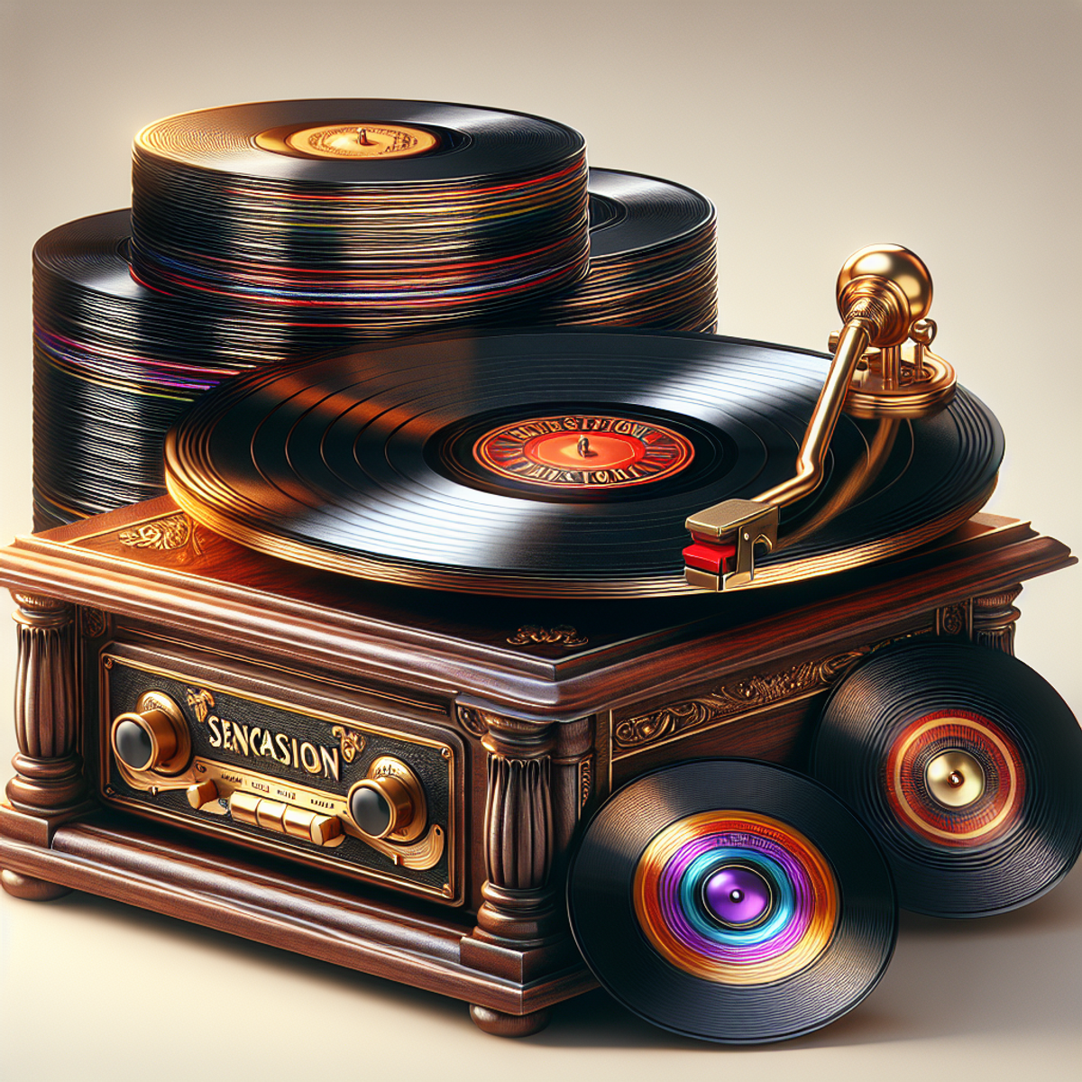 An antique wooden record player with a golden arm and a stack of vinyl records.