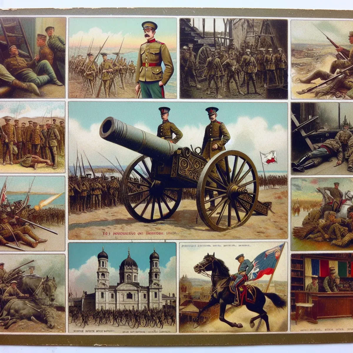 Vintage military postcards from early 1900s showcasing soldiers, battlefield action, and symbolic landmarks.