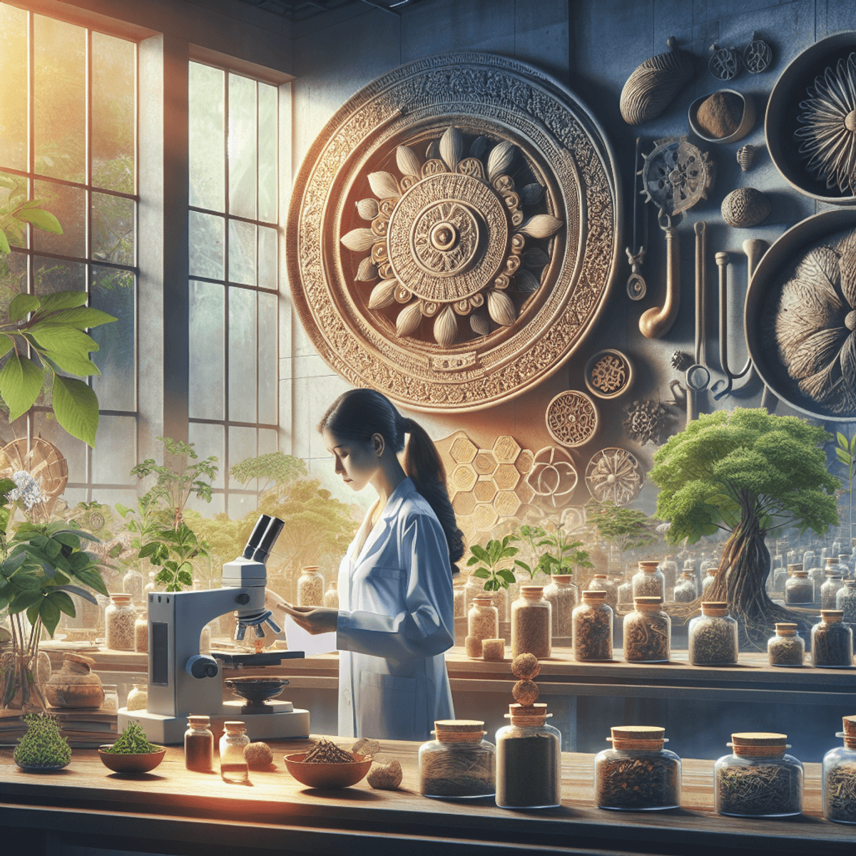 Disha Arogya Dham 4 A serene Ayurveda manufacturing setup featuring an East Asian woman in a white laboratory coat, examining various natural herbs and plants on a wooden table. Surrounding her are traditional Ayurvedic instruments and jars filled with dried herbs, creating a harmonious blend of modern research and ancient practices. Soft natural light filters through the windows, enhancing the tranquil atmosphere.