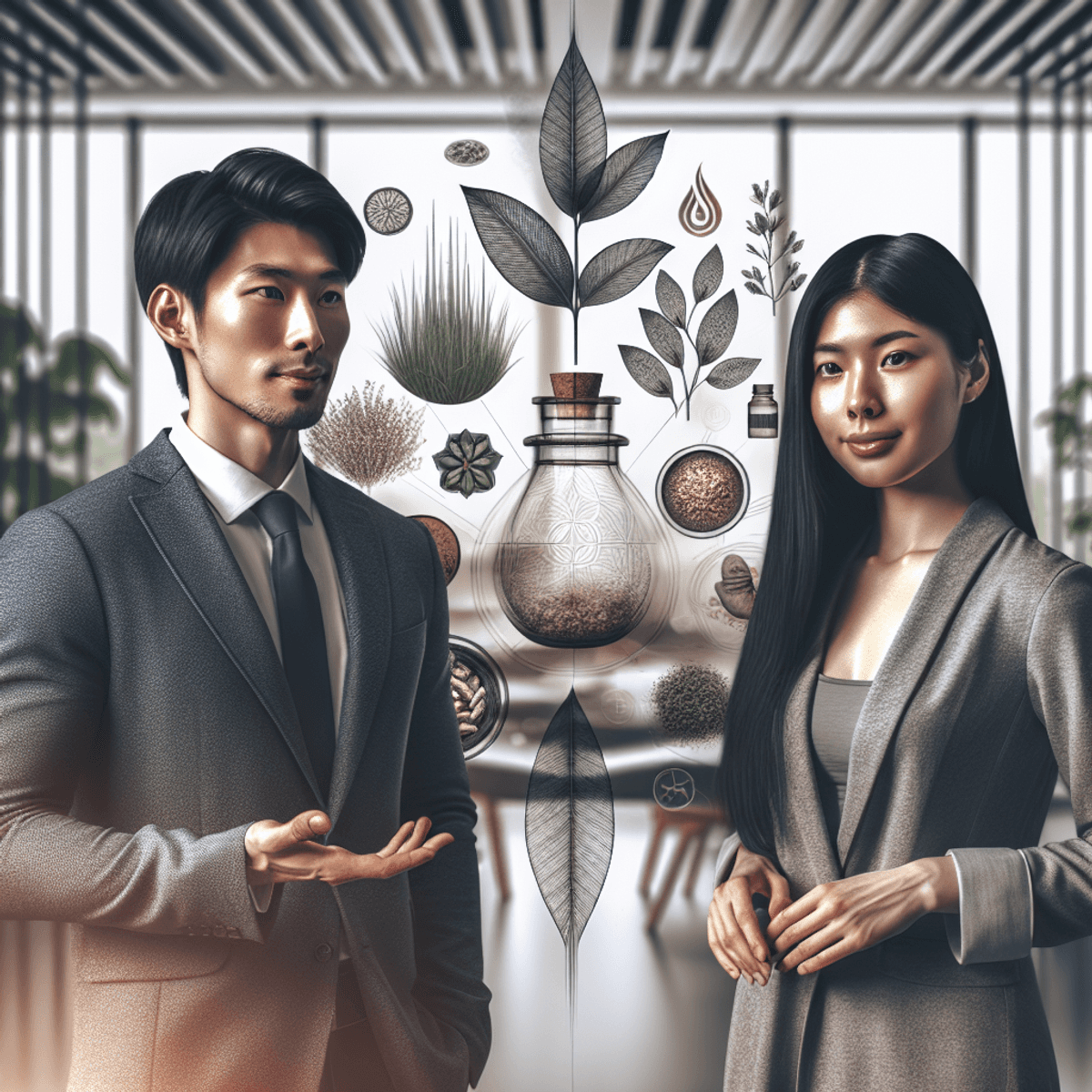 Disha Arogya Dham 3 Two professionals, an East Asian man and a Hispanic woman, are engaged in a conversation inside a modern office, surrounded by elements of Ayurveda like herbal remedies and natural ingredients, conveying a sense of leadership and holistic health.