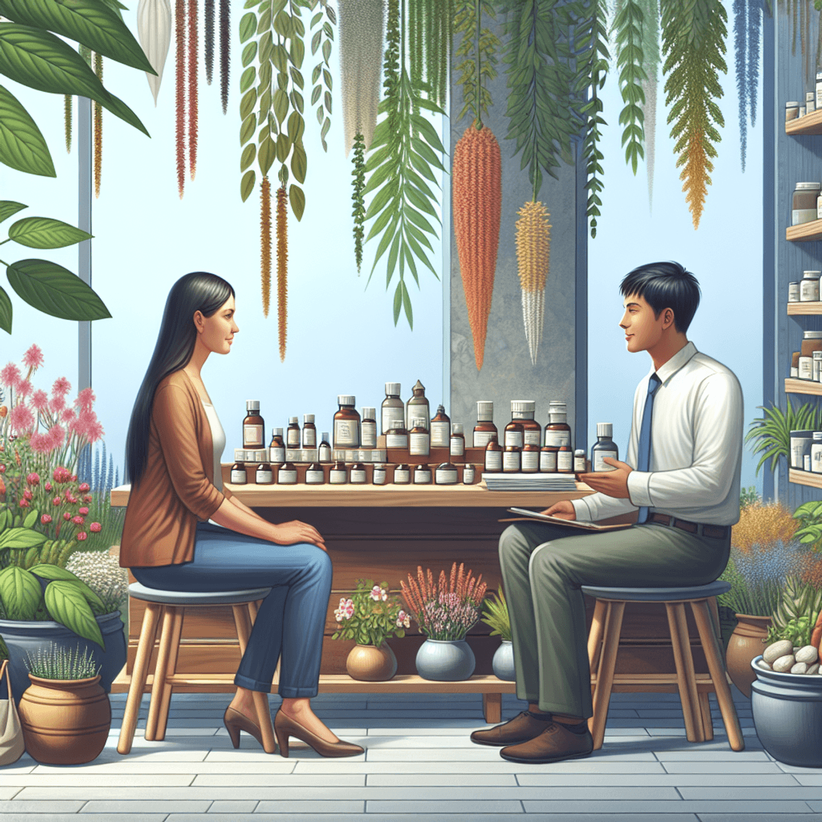 Disha Arogya Dham 6 A serene Ayurvedic clinic with lush herbal plants surrounding a Caucasian woman and an Asian man engaged in a thoughtful conversation about holistic health. The scene features various Ayurvedic products displayed in the background, emphasizing natural remedies and wellness. The atmosphere is calm and inviting, reflecting the healing power of nature.