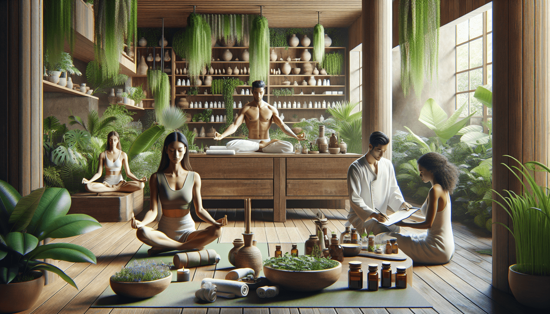 Disha Arogya Dham 2 A serene Ayurvedic health and wellness clinic featuring a Caucasian woman practicing yoga, an Asian man meditating, and a Hispanic woman examining herbal remedies. The room is filled with lush green plants and wooden furniture, creating a tranquil atmosphere that emphasizes holistic healing and wellness.