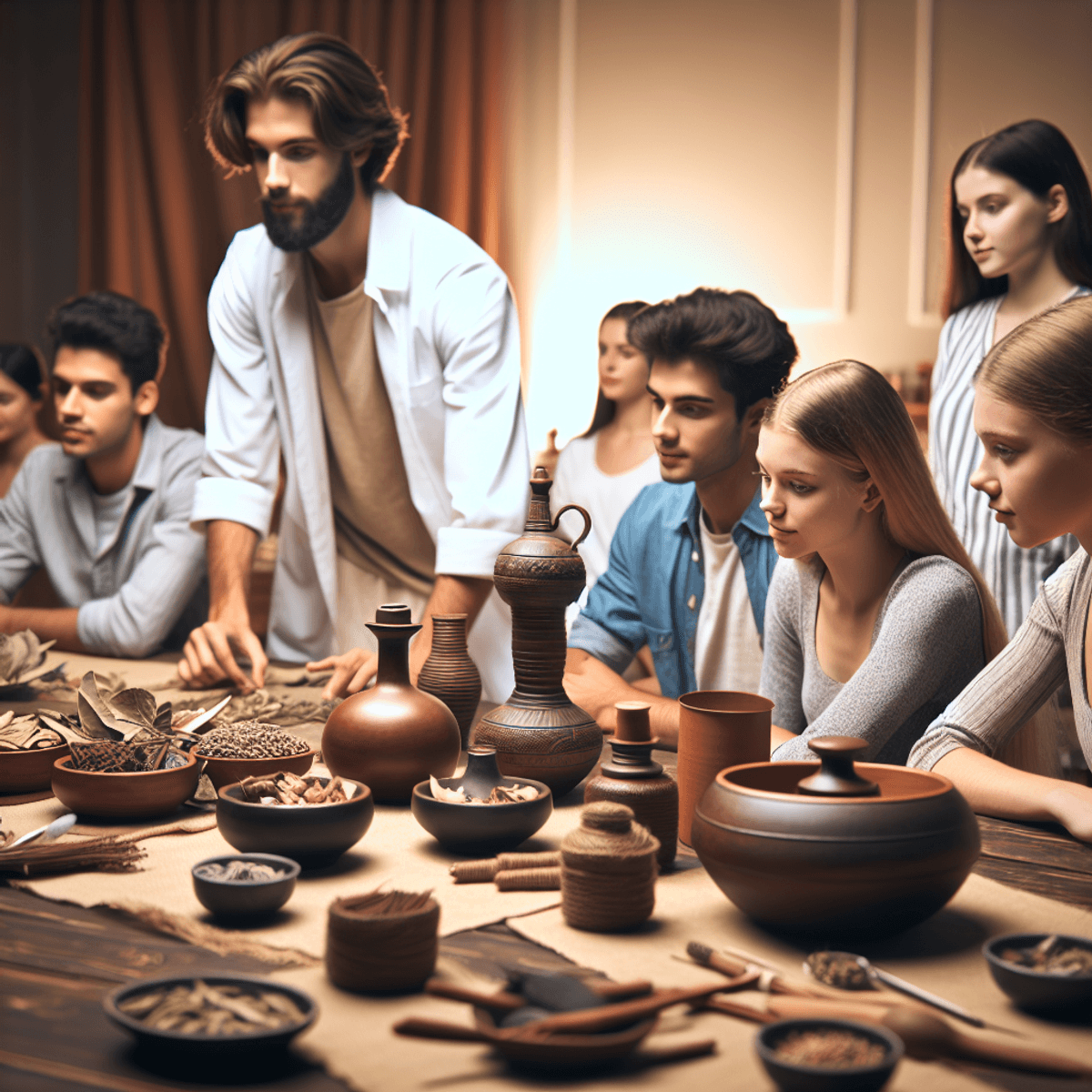 Disha Arogya Dham 5 A diverse group of young people, including Caucasian, Asian, and Hispanic practitioners, are gathered in a warm and calming environment, attentively examining traditional Ayurvedic herbs and tools displayed around them. Their expressions reflect intrigue and engagement with the healing arts, highlighting the authenticity of the workshop experience. The setting exudes a nurturing educational atmosphere, emphasizing the essence of Ayurvedic practice.