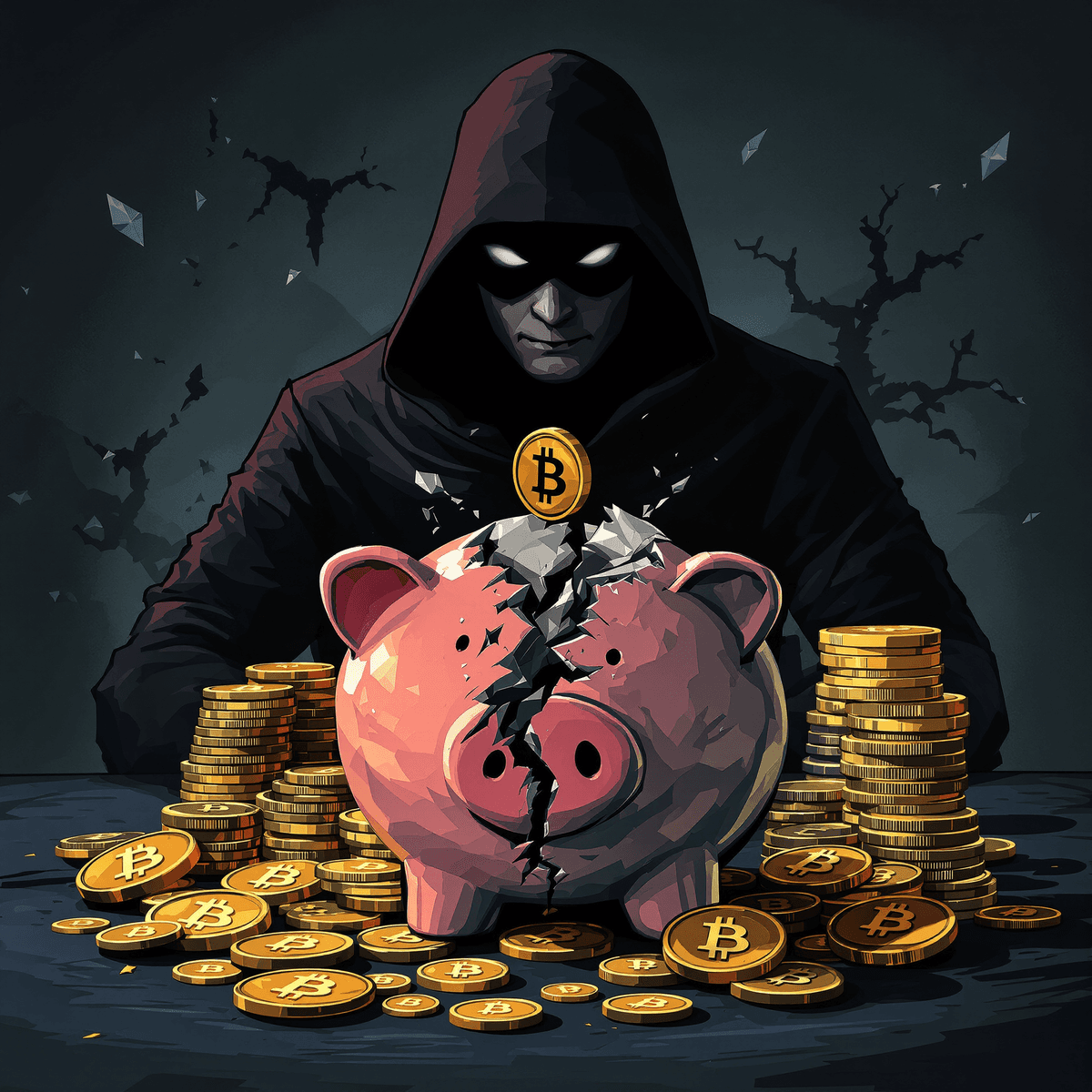 A broken piggy bank surrounded by cryptocurrency coins, with a shadowy figure in the background, conveying caution about cryptocurrency investment scams.