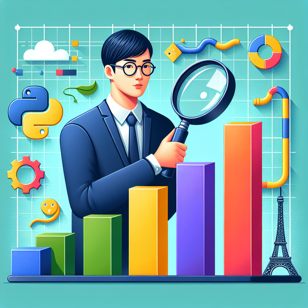 A man in glasses and formal attire holding a magnifying glass over a vibrant bar graph made of recycled materials, with symbolic elements of Python language and a representation of the Eiffel Tower.