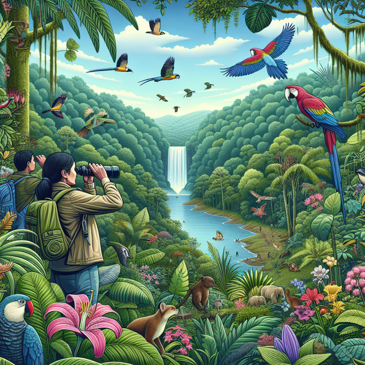 A Hispanic woman with binoculars observes colorful birds while a South Asian man photographs wildlife in a lush rainforest, with a beautiful waterfall in the distance.