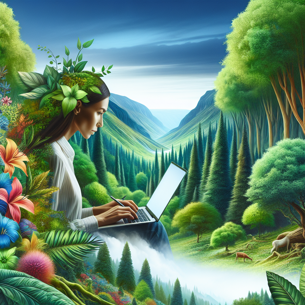 A woman sitting in a lush green forest, using a laptop.