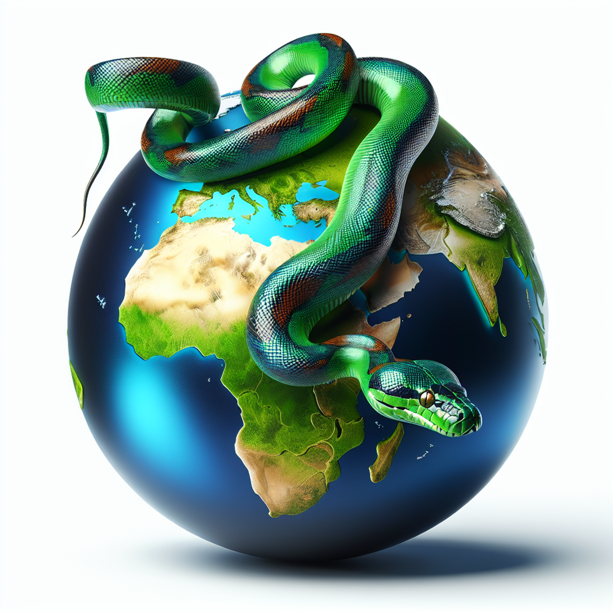 A python snake coiled around a globe.