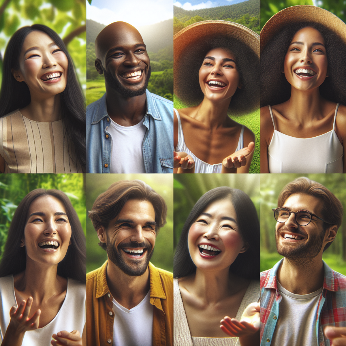 A diverse group of six people enjoying a gathering in a lush outdoor setting.