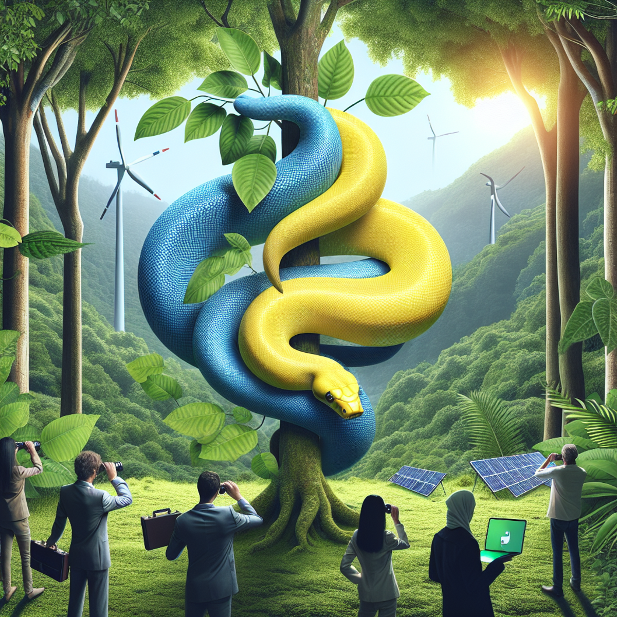 A lemon and blue colored snake entwines a verdant green tree in a dense jungle. Diverse individuals equipped with binoculars and briefcases with laptops explore the surroundings, while solar panels and wind turbines hint at sustainable innovation in the background.