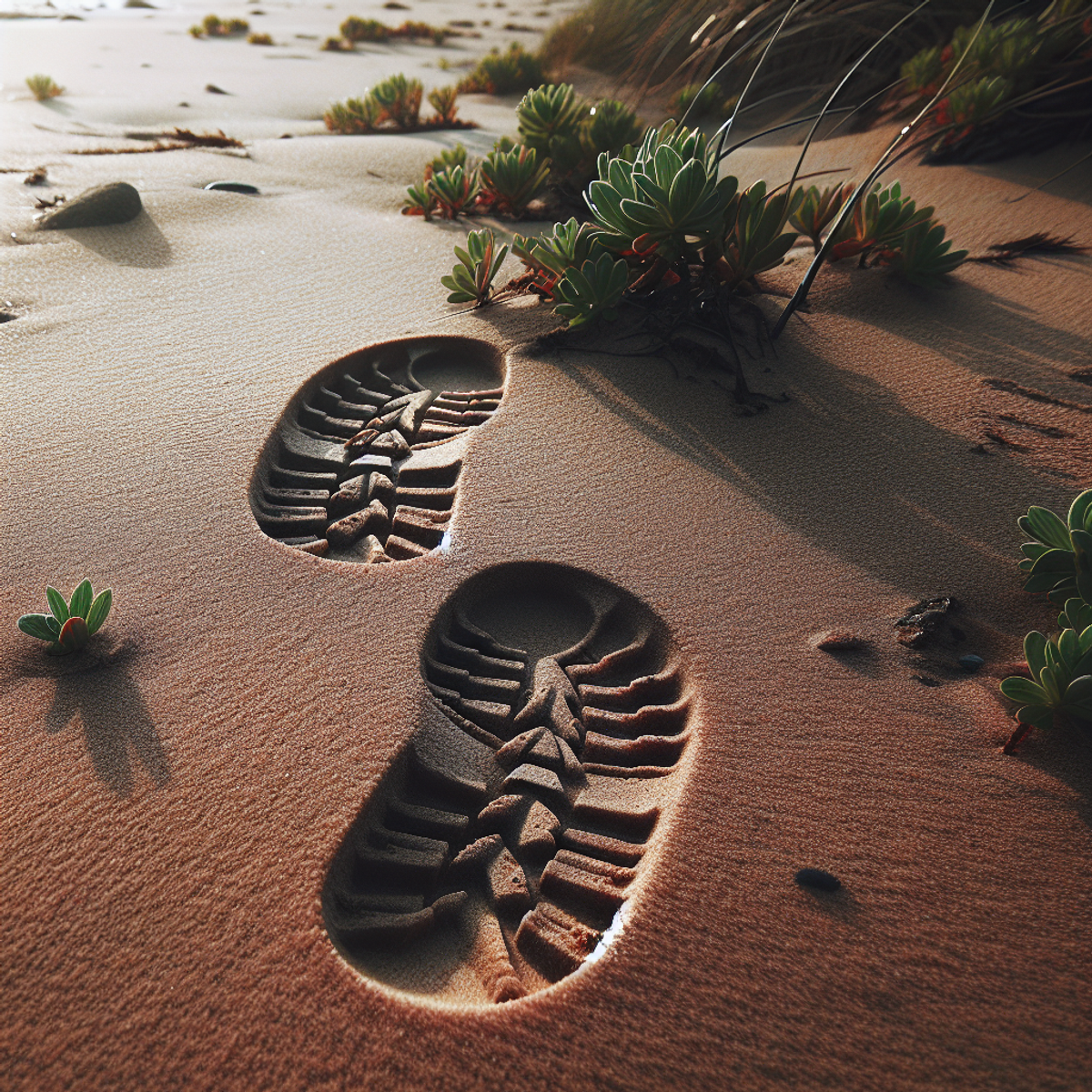 Close-up image of hiker footprints in the sand on a beach.