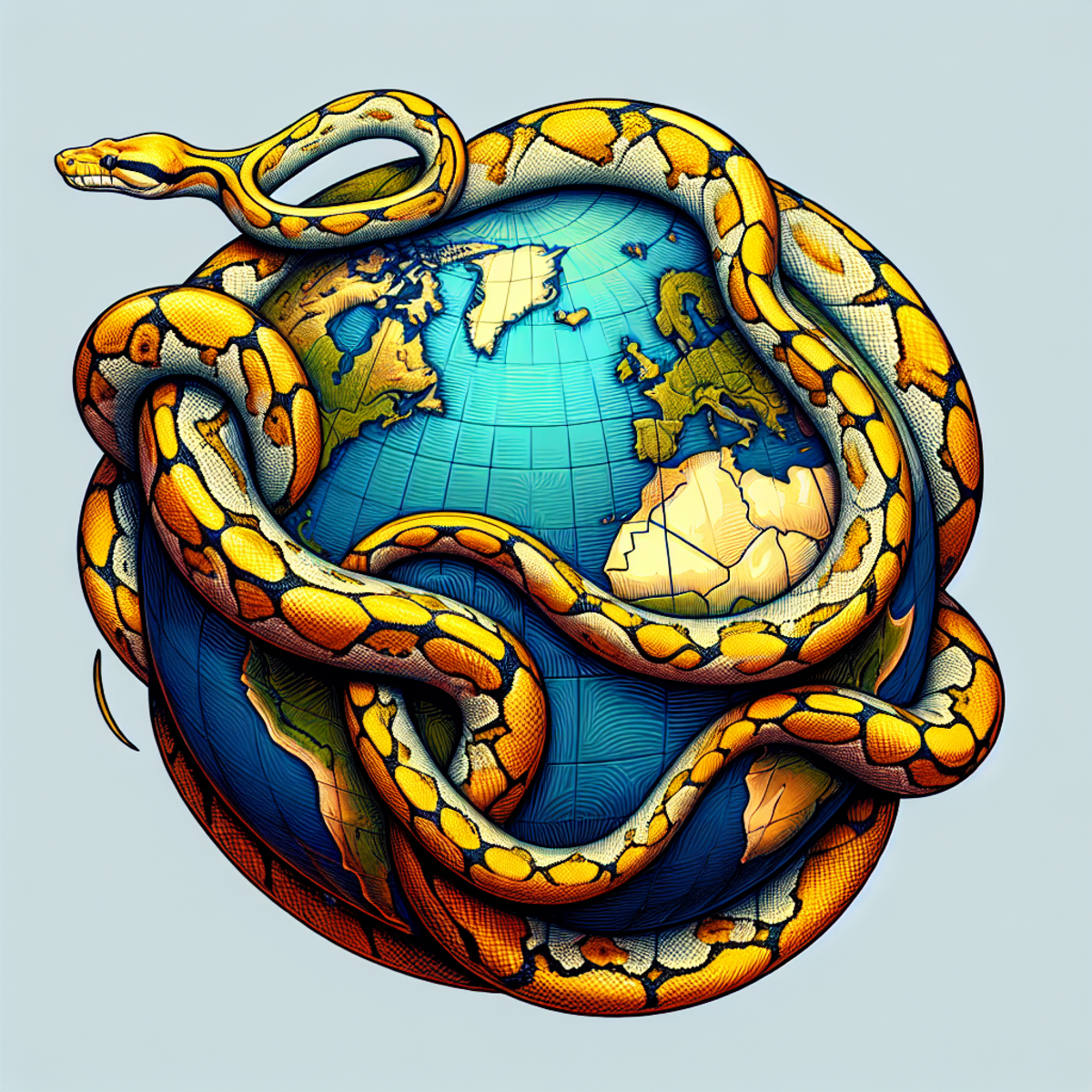 A python coiled around a detailed globe, symbolizing the Python programming language's role in conservation education and sustainable tourism management.