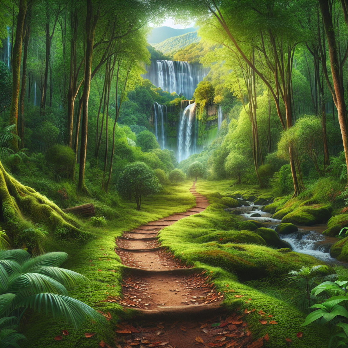 A lush forest with a winding trail and a waterfall in the distance.