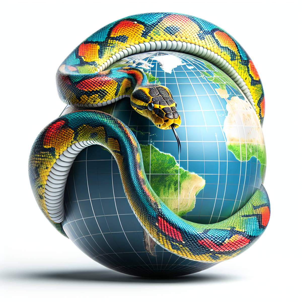 A python snake wrapped around a globe, symbolizing the power of the Python programming language and its impact on worldwide eco-tourism.