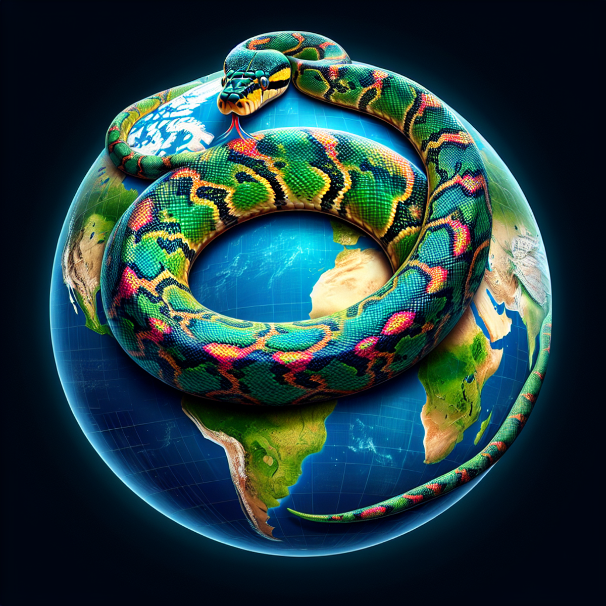 A python snake with vibrant scales coiled around a detailed globe.