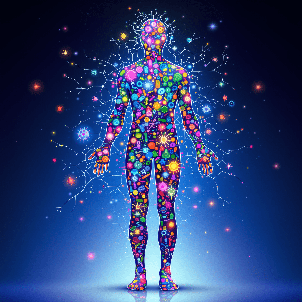 Colorful human silhouette filled with glowing microscopic organisms and abstract connections, symbolizing the harmonious microbiome ecosystem within the body.