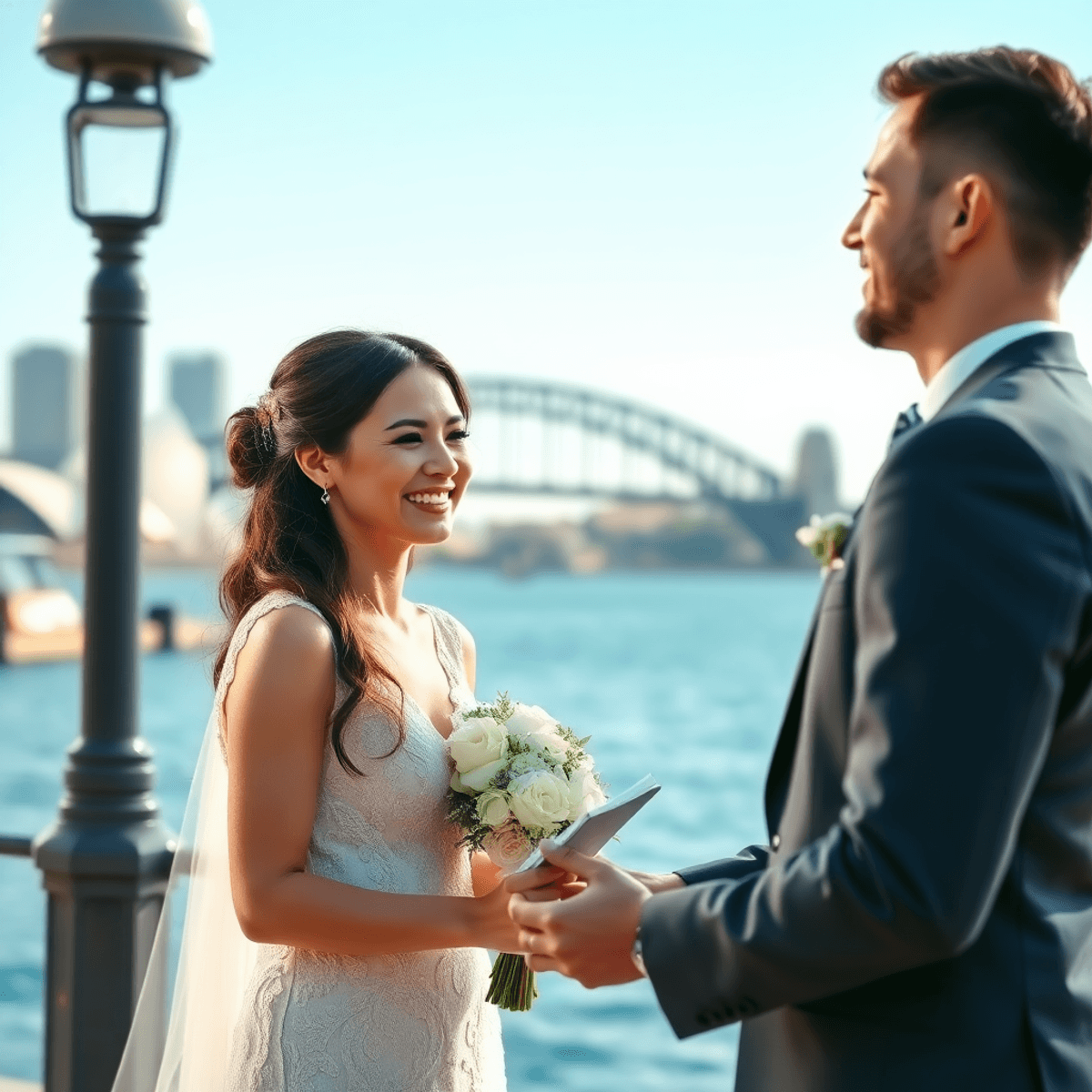 A joyful couple exchanging vows outdoors by Sydney harbor with iconic landmarks blurred in the background, bathed in natural light.