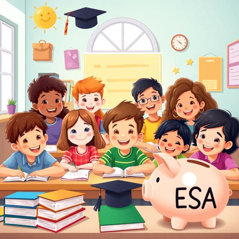 Children happily learning in a bright classroom with books, a graduation cap, and a piggy bank labeled "ESA...