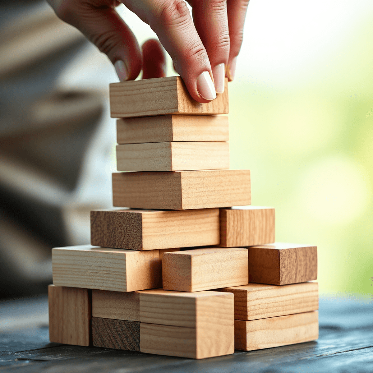 Hands stacking large wooden blocks to build a solid foundation against a soft natural background.