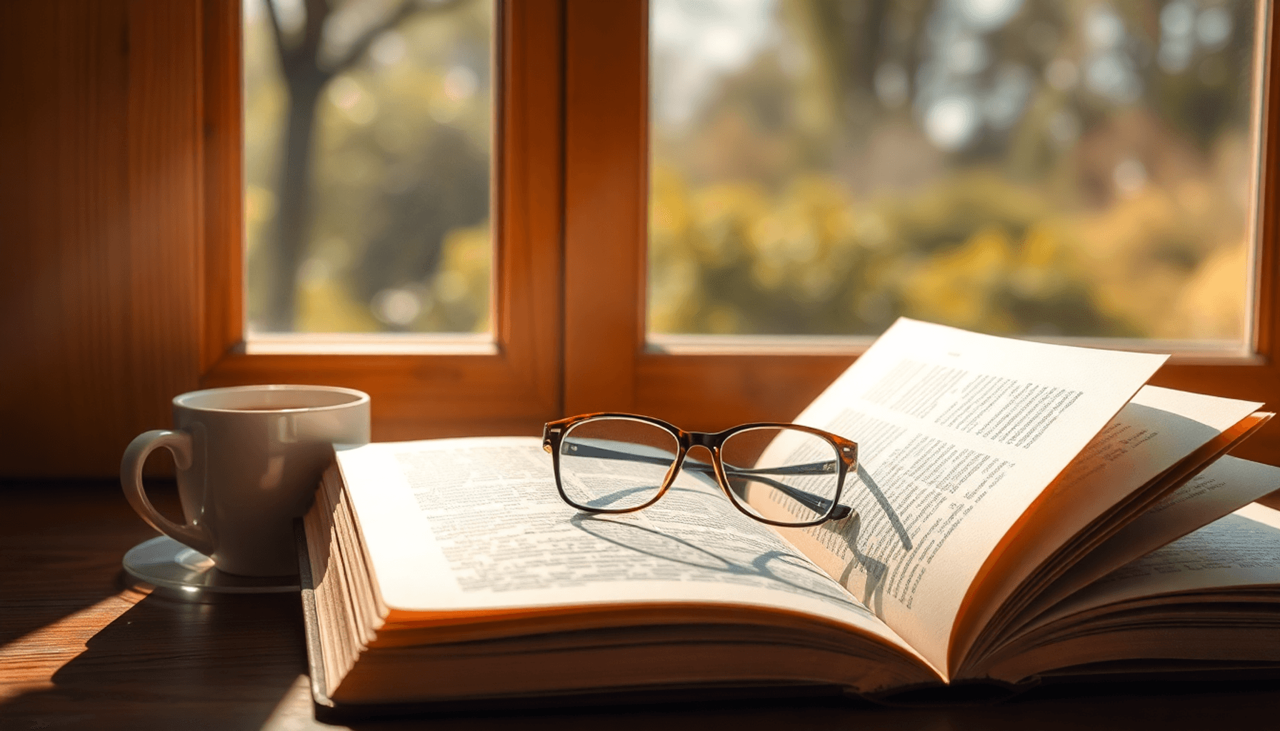 Sunlit reading nook with an open book, glasses on the pages, and a steaming cup of coffee nearby, evoking w...