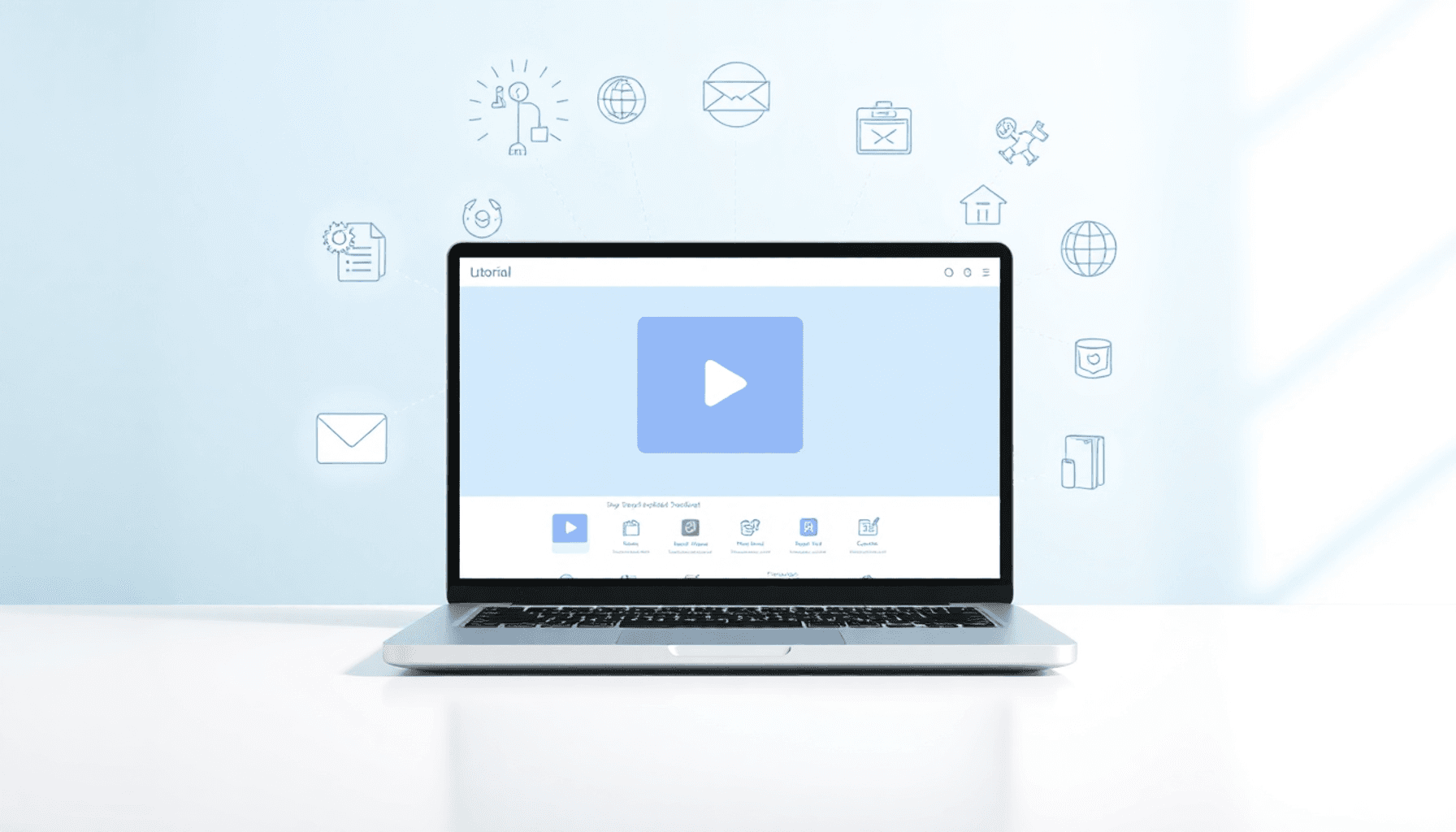 A modern laptop showing an online tutorial interface with educational icons around it on a bright, clean ba...