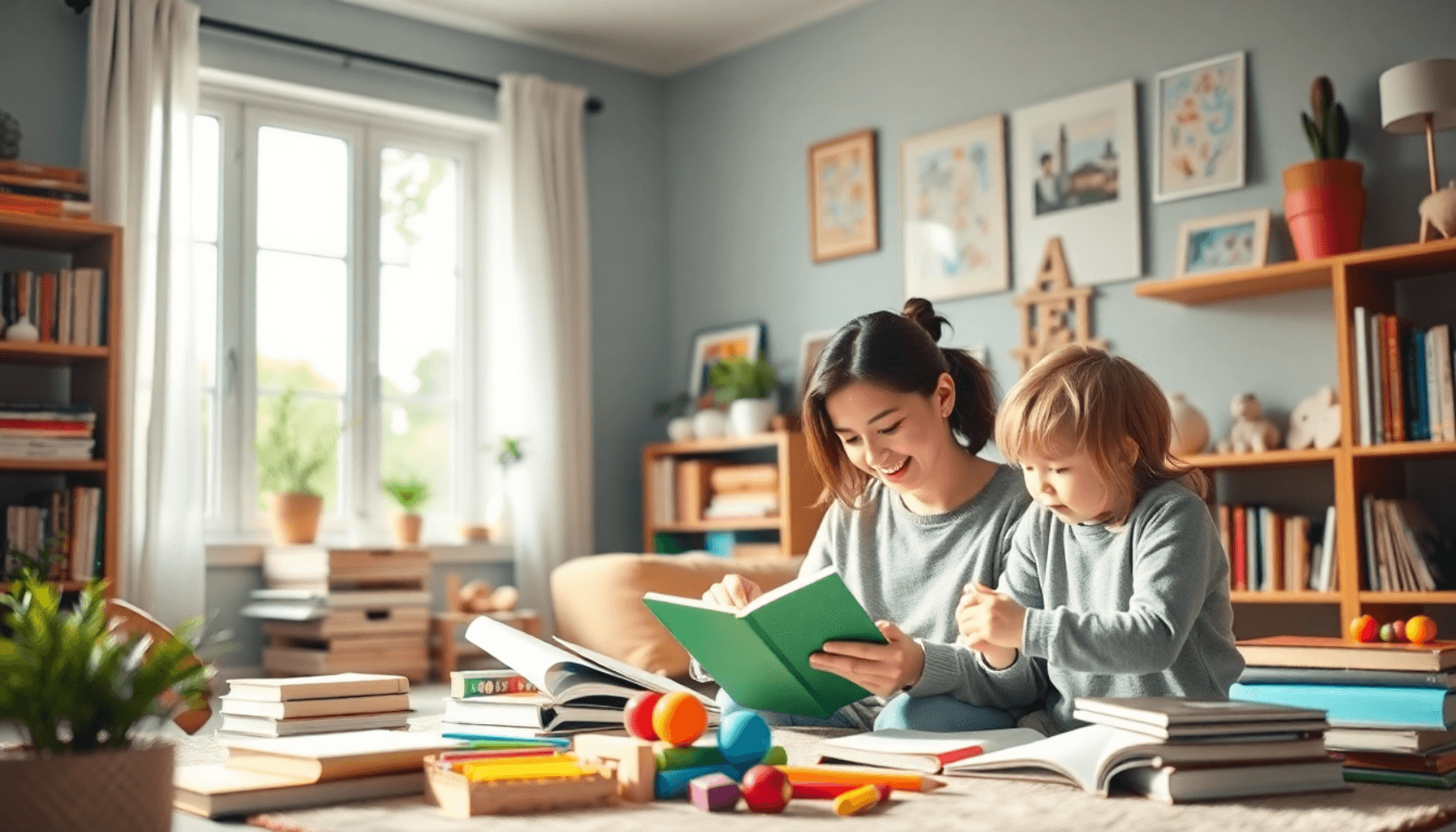 Parent and child engaged in learning activities at a cozy, well-lit home space with books and colorful educ...