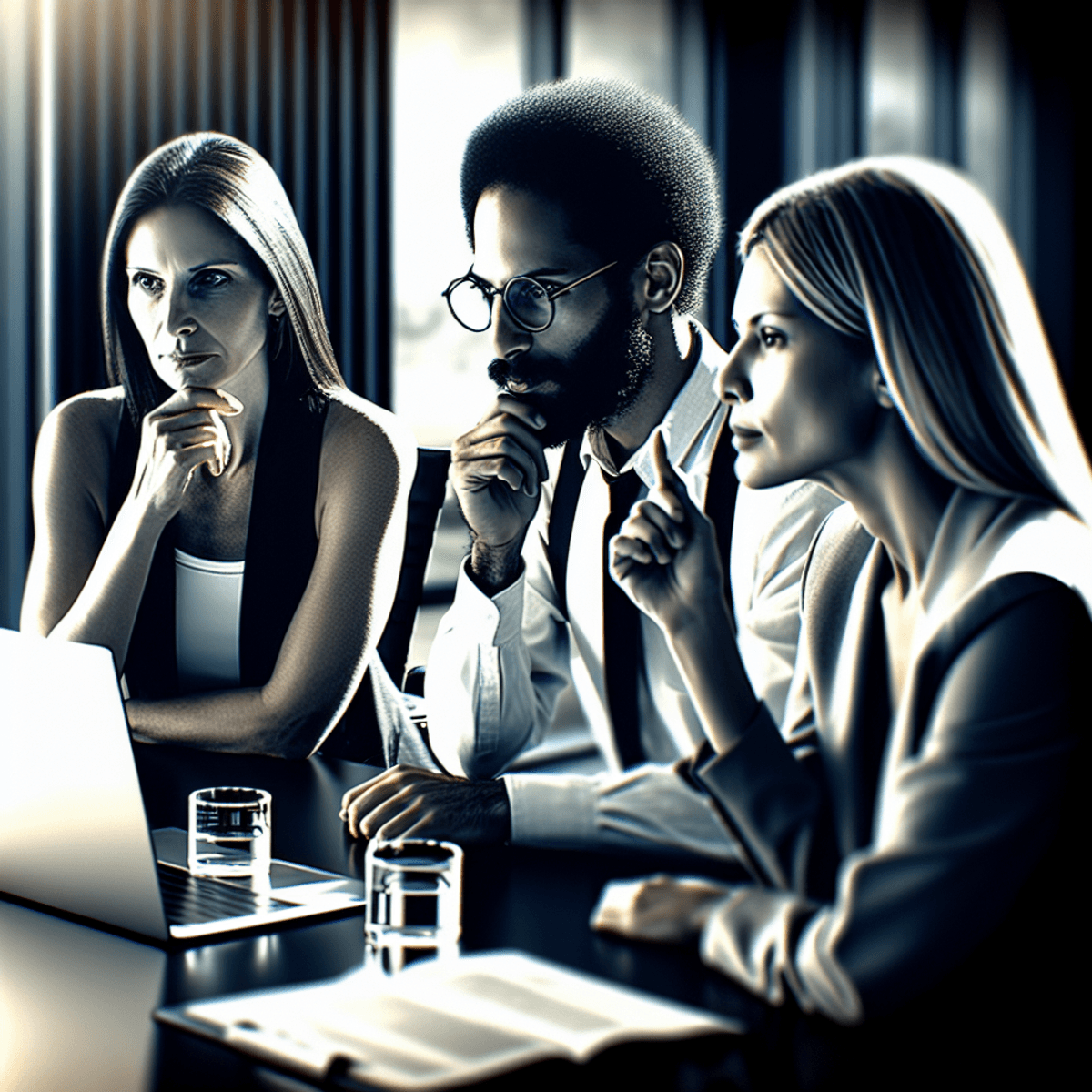 A diverse group of professionals, including a Caucasian woman, a Hispanic man, and an Asian woman, are gathered around a laptop in a sleek, modern office. They are engaged in an animated discussion about digital marketing strategies, leaning forward with focused expressions. The laptop screen displays abstract elements hinting at Search Engine Result Pages (SERPs), emphasizing concepts like meta descriptions and online visibility through its user interface. The collaborative atmosphere highlights their teamwork and the importance of inclusivity in professional settings.