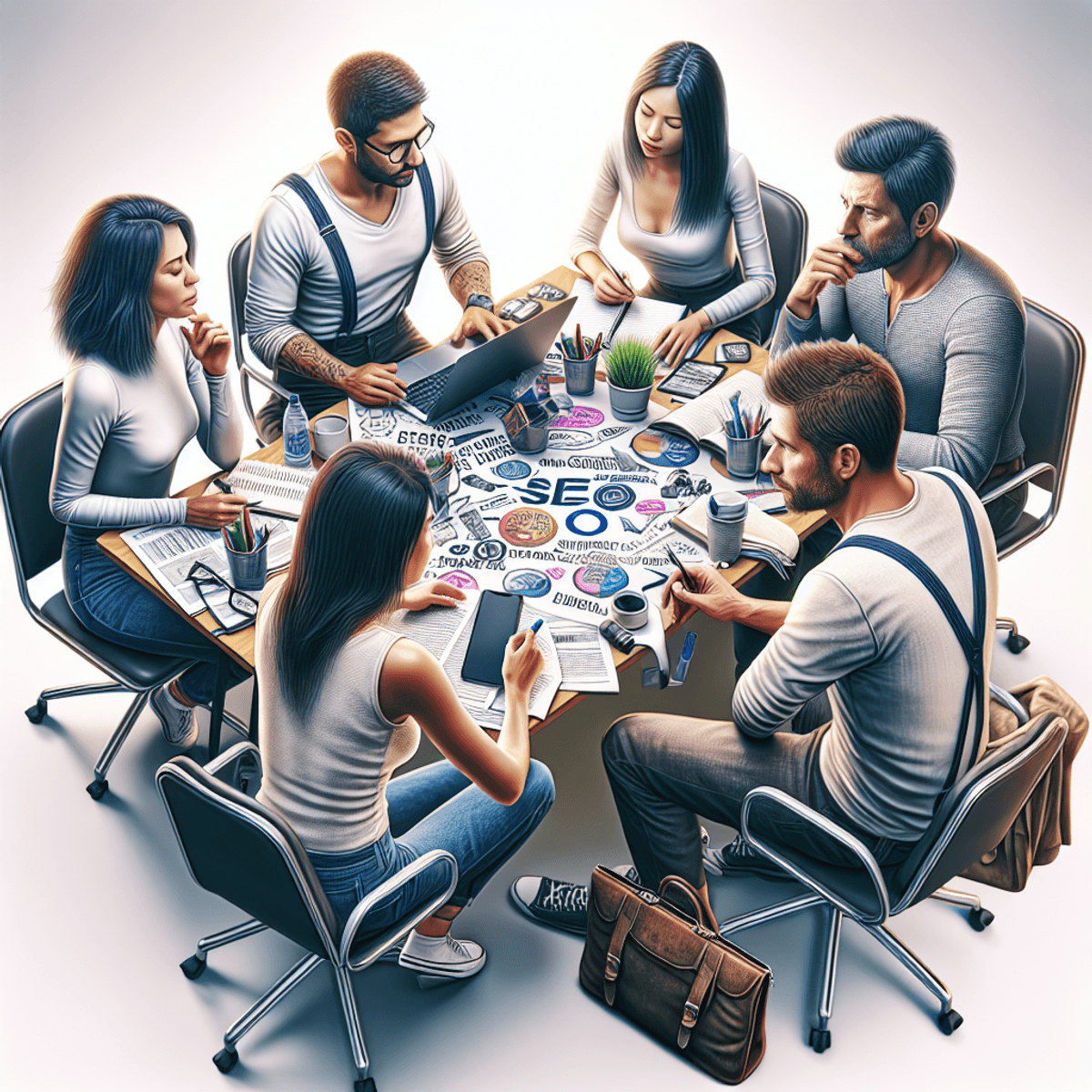 A diverse group of four content creators engaged in a brainstorming session around a table filled with laptops and notebooks