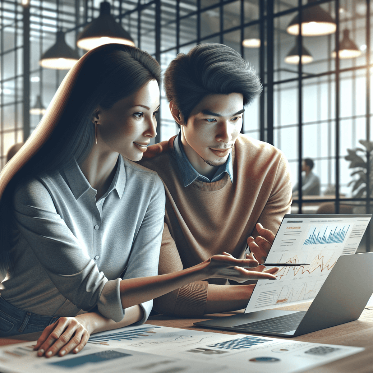 A Caucasian woman and an Asian man sit side by side at a modern office desk, focused on their laptops. The woman, with shoulder-length brown hair, wears a casual blouse, while the man, with short black hair, is dressed in a smart shirt. Their screens show colorful graphs and charts symbolizing positive project progress. The office around them is bright and stylish, featuring plants and collaborative workspaces, capturing a dynamic atmosphere of teamwork and creativity in user experience design.