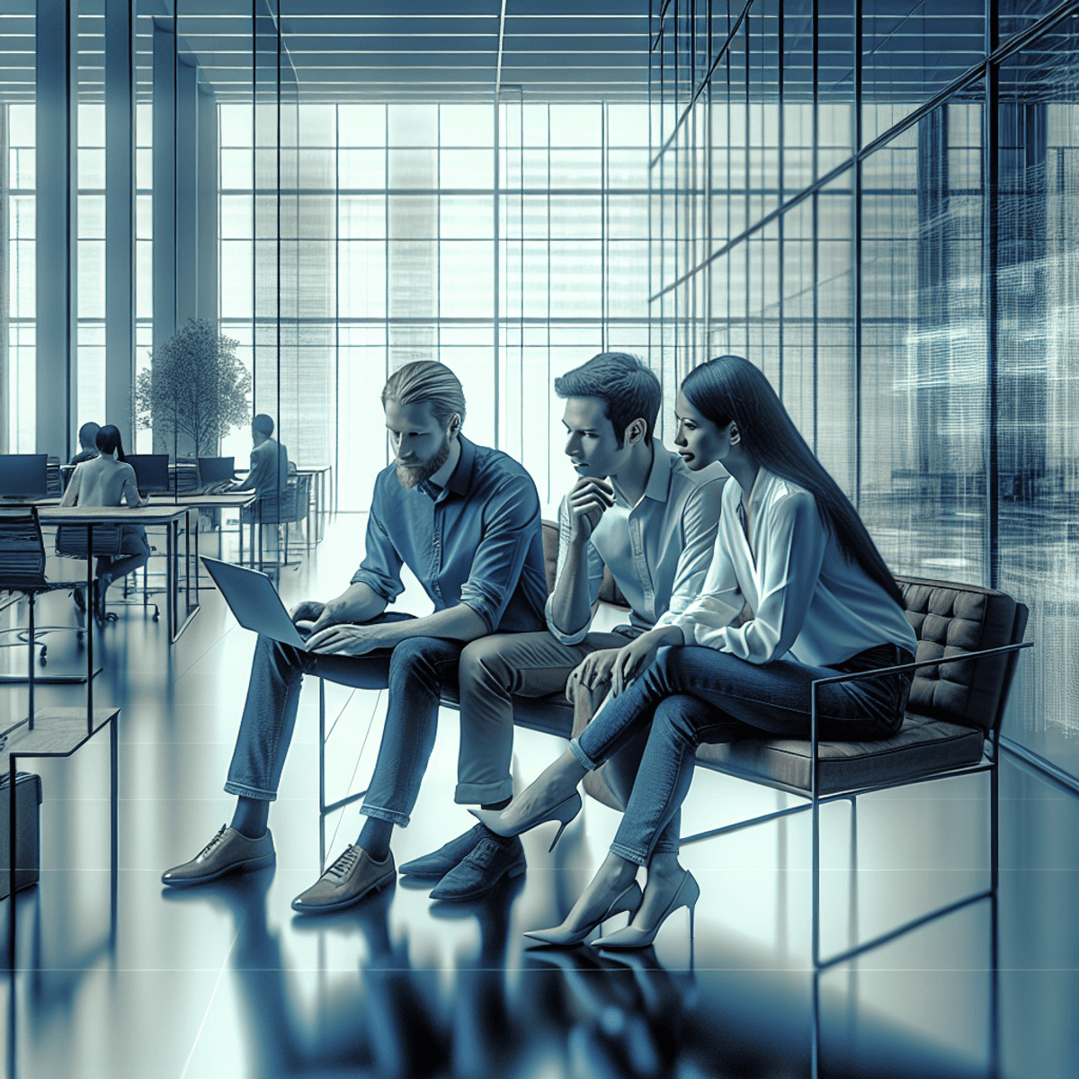 Three individuals of diverse backgrounds—a Caucasian man, an Asian woman, and a Hispanic man—are seated together in a modern office space. They are engaged in a collaborative discussion, leaning towards a laptop that displays website design elements. Their body language reflects focus and teamwork, with the Caucasian man pointing at the screen while the Asian woman takes notes. The office is brightly lit, featuring sleek furniture and large glass windows that enhance the contemporary atmosphere.