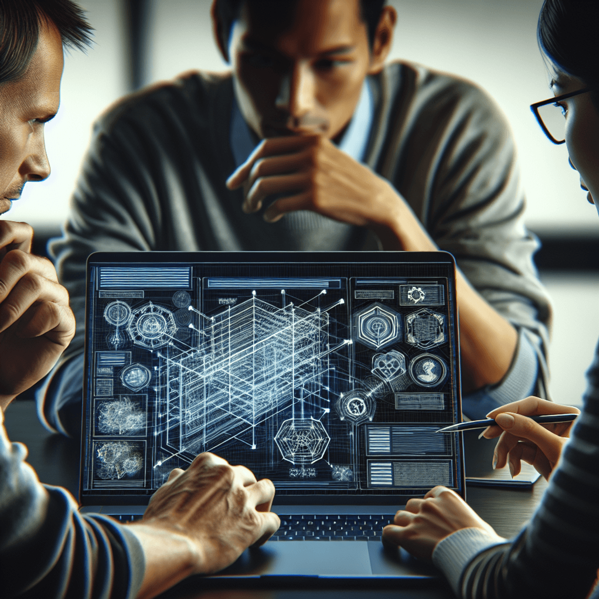 Three individuals of diverse ethnic backgrounds—Caucasian, Hispanic, and Asian—are engaged in a collaborative discussion around a laptop displaying a complex architectural diagram for website navigation and SEO strategies. The screen features arrows and symbols connecting various sections, emphasizing teamwork and digital collaboration in a focused atmosphere.