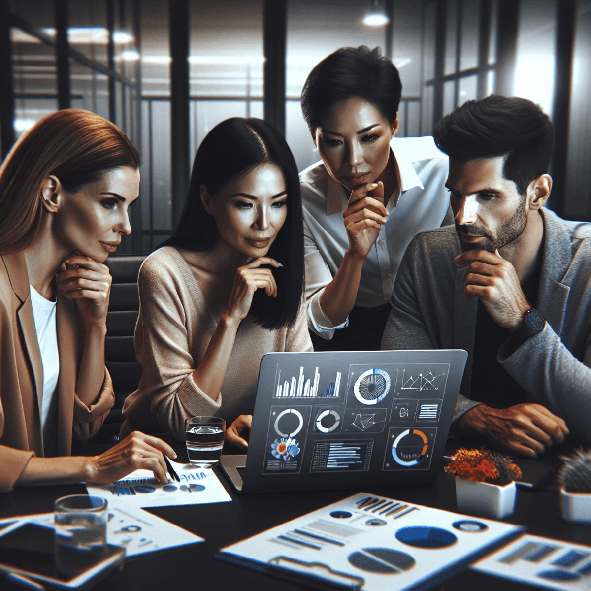 A diverse professional team of three is gathered around a laptop in a contemporary office setting.