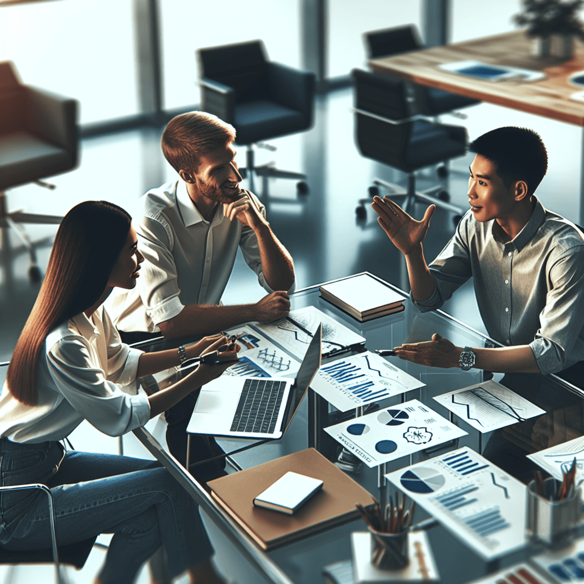 A group of three individuals engaged in a discussion around a table filled with laptops, notebooks, and office supplies. One person is Caucasian, another is Asian, and the third is Hispanic. They are actively gesturing towards graphs and charts, showcasing teamwork and productivity in a modern office setting with sleek furniture and bright lighting.