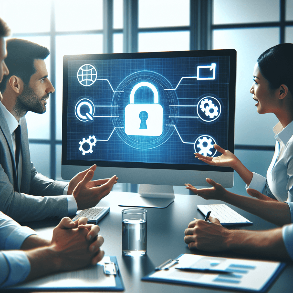 A computer screen displaying a symbol representing a clean URL is in focus, while three people—a Caucasian man, an Asian woman, and a Hispanic man—are gathered around it, animatedly discussing. The office environment is modern and professional, with sleek furnishings and bright lighting, emphasizing innovation and collaboration.