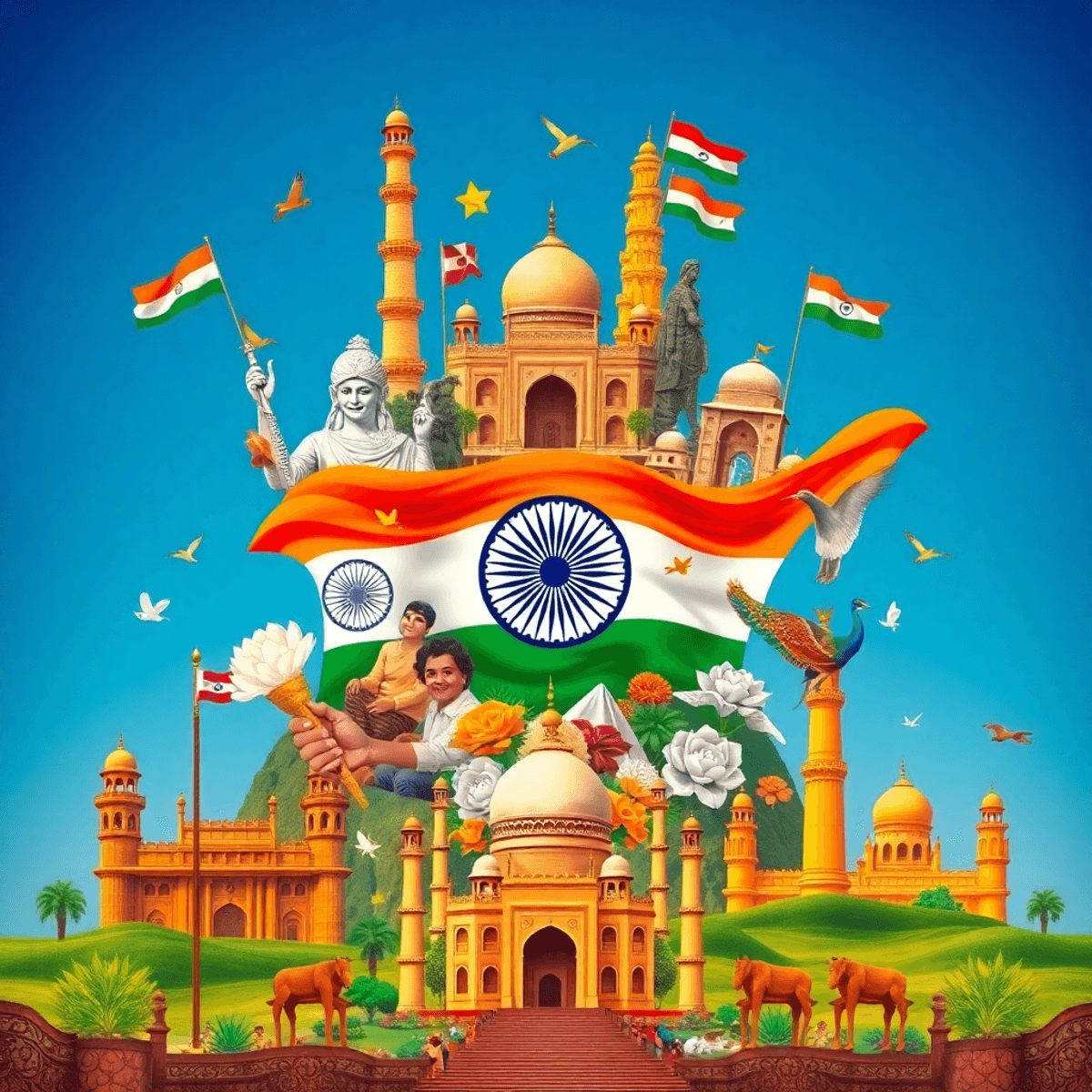 भारत की सांस्कृतिक धरोहर और सैन्य शक्ति को दर्शाता रंगीन कोलाज, जिसमें प्रमुख स्थल, कमल और मोर के प्रतीक तथा एकता और राष्ट्रीय गर्व के तत्व शामिल हैं।